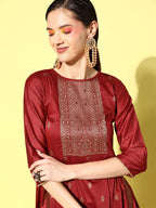 Sangria Floral Yoke Design Pleated Mirror Work Chanderi Silk Kurta with Trousers | Grocsy