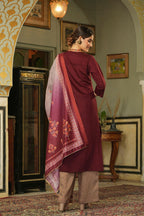 Juniper Maroon Mono Viscose Festive Wear Embroidered Straight Kurta Pant Dupatta Set | Grocsy