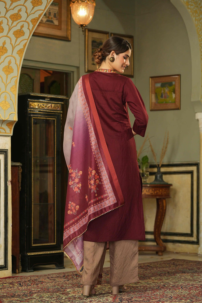 Juniper Maroon Mono Viscose Festive Wear Embroidered Straight Kurta Pant Dupatta Set | Grocsy