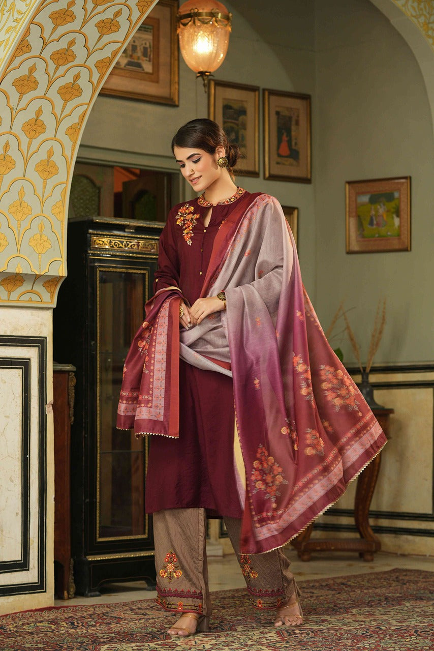 Juniper Maroon Mono Viscose Festive Wear Embroidered Straight Kurta Pant Dupatta Set | Grocsy