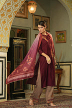 Juniper Maroon Mono Viscose Festive Wear Embroidered Straight Kurta Pant Dupatta Set | Grocsy