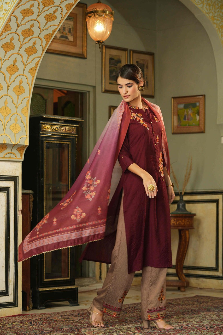 Juniper Maroon Mono Viscose Festive Wear Embroidered Straight Kurta Pant Dupatta Set | Grocsy