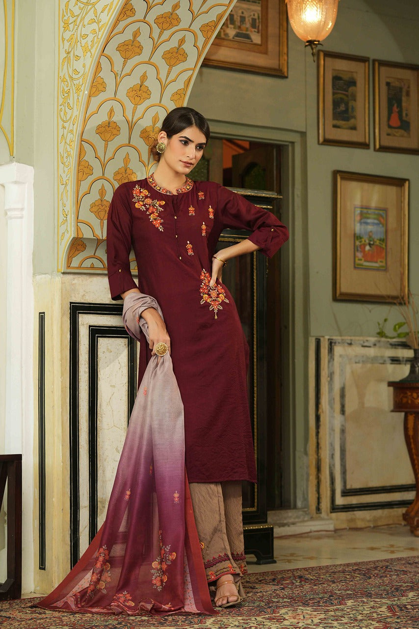 Juniper Maroon Mono Viscose Festive Wear Embroidered Straight Kurta Pant Dupatta Set | Grocsy