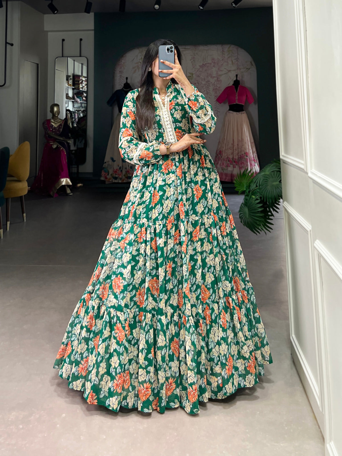Lorenvalley Green Georgette Floral Print Gown | Grocsy