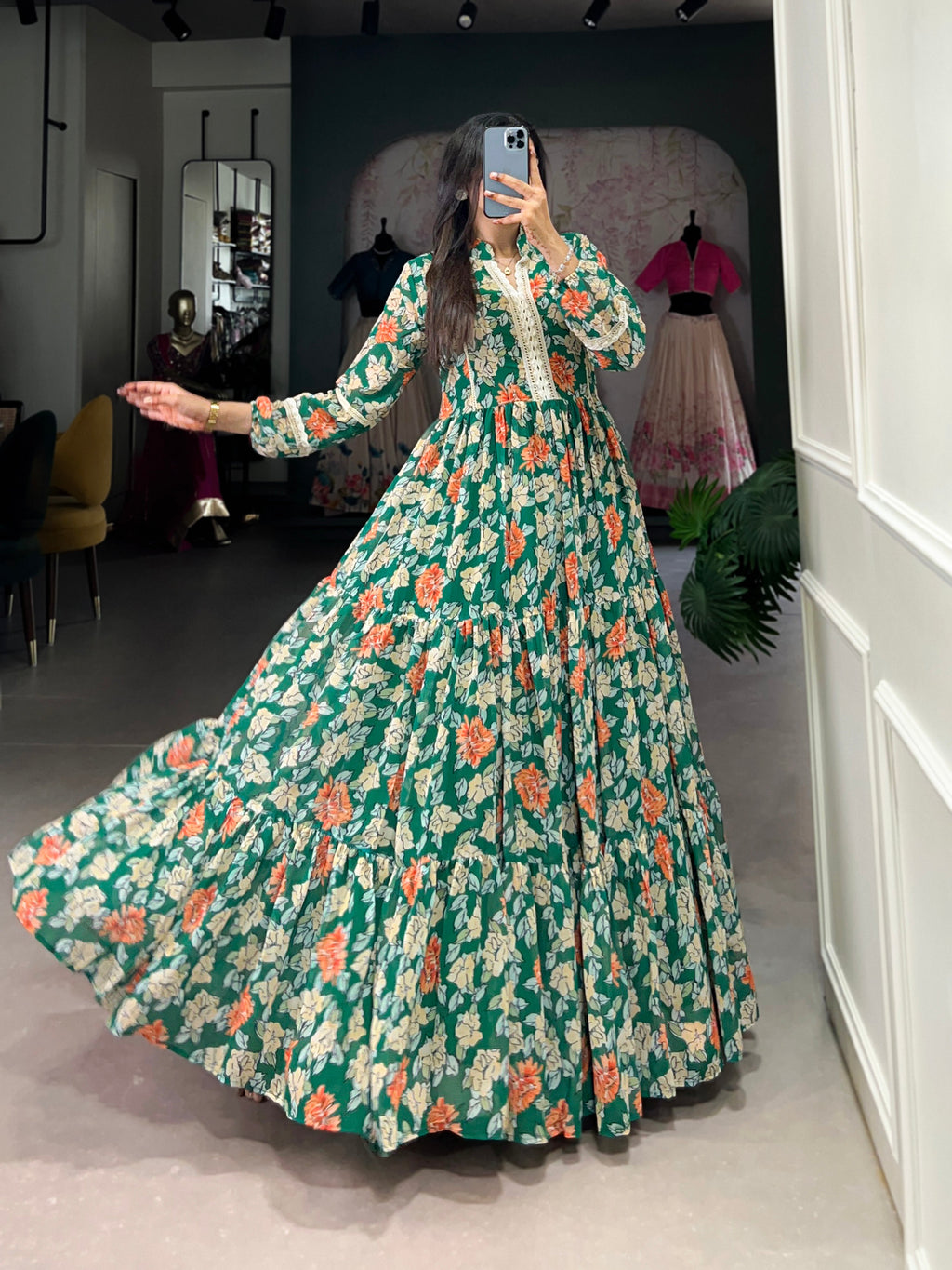 Lorenvalley Green Georgette Floral Print Gown | Grocsy