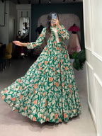 Lorenvalley Green Georgette Floral Print Gown | Grocsy