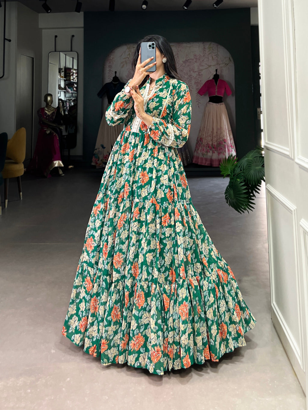 Lorenvalley Green Georgette Floral Print Gown | Grocsy