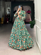 Lorenvalley Green Georgette Floral Print Gown | Grocsy