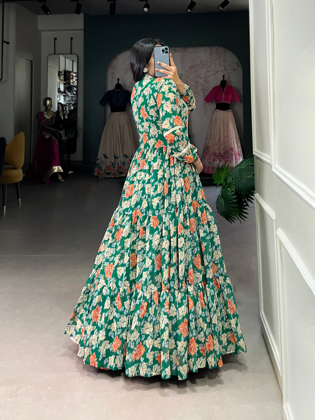 Lorenvalley Green Georgette Floral Print Gown | Grocsy