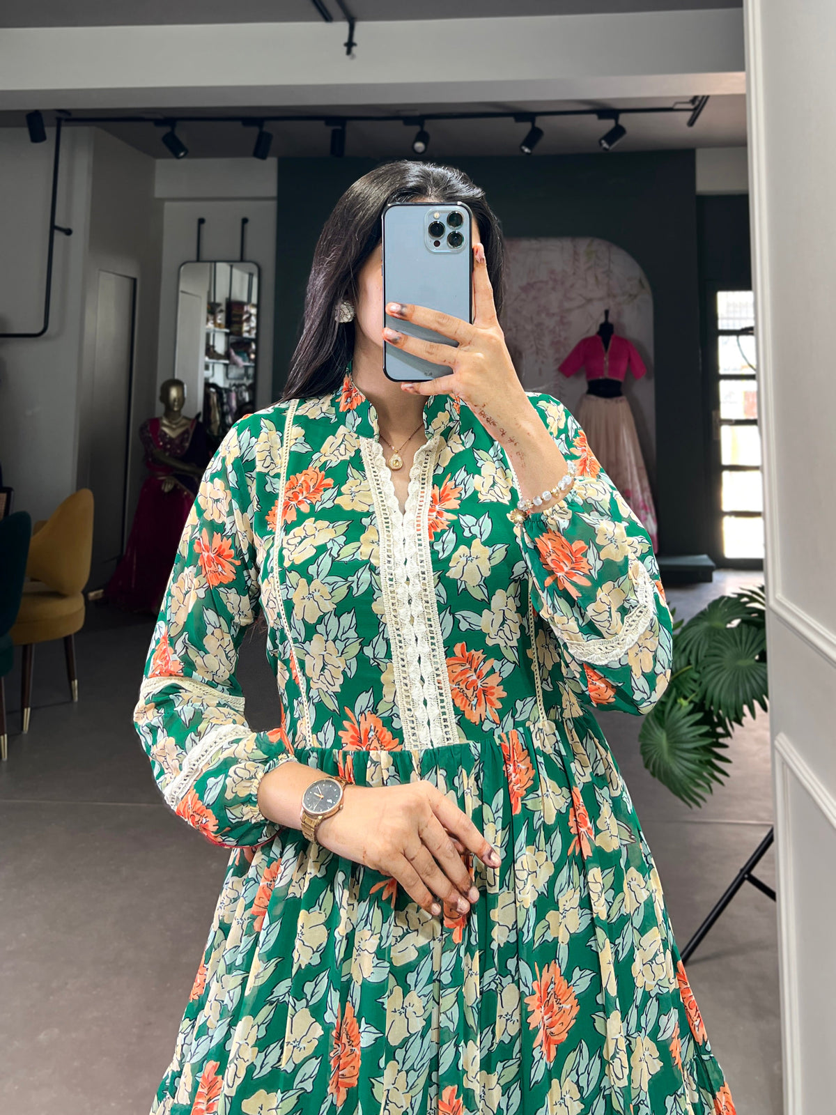 Lorenvalley Green Georgette Floral Print Gown | Grocsy
