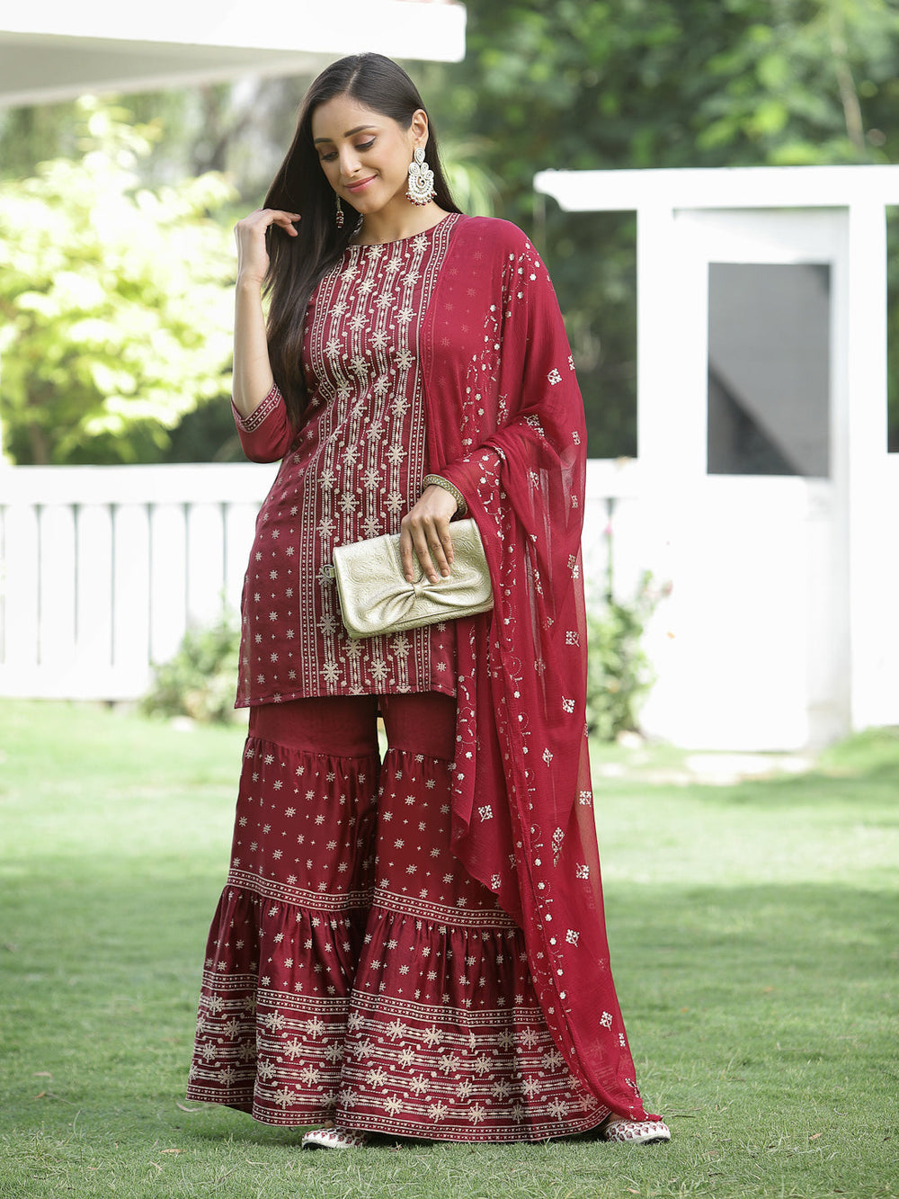 Juniper Maroon Mono Viscose Festive Wear Printed Straight Kurta Sharara Dupatta Set | Grocsy