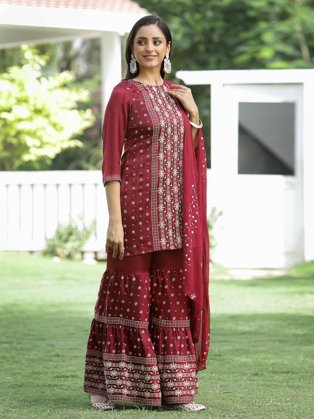 Juniper Maroon Mono Viscose Festive Wear Printed Straight Kurta Sharara Dupatta Set | Grocsy