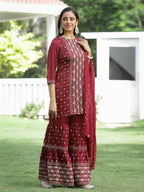 Juniper Maroon Mono Viscose Festive Wear Printed Straight Kurta Sharara Dupatta Set | Grocsy