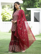 Juniper Maroon Mono Viscose Festive Wear Printed Straight Kurta Sharara Dupatta Set | Grocsy