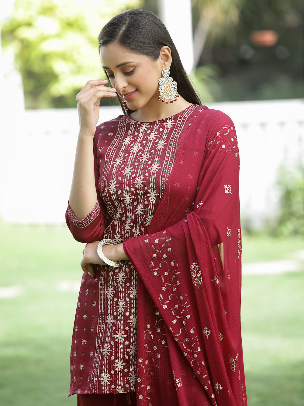 Juniper Maroon Mono Viscose Festive Wear Printed Straight Kurta Sharara Dupatta Set | Grocsy