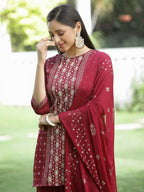 Juniper Maroon Mono Viscose Festive Wear Printed Straight Kurta Sharara Dupatta Set | Grocsy