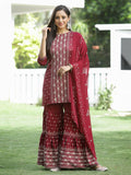 Juniper Maroon Mono Viscose Festive Wear Printed Straight Kurta Sharara Dupatta Set | Grocsy