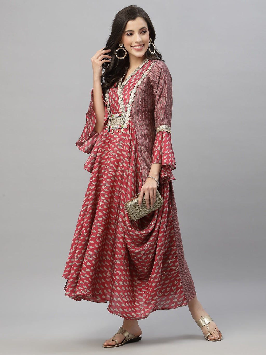 Juniper Women's Pink Silk Printed Flared Dress | Grocsy