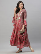Juniper Women's Pink Silk Printed Flared Dress | Grocsy