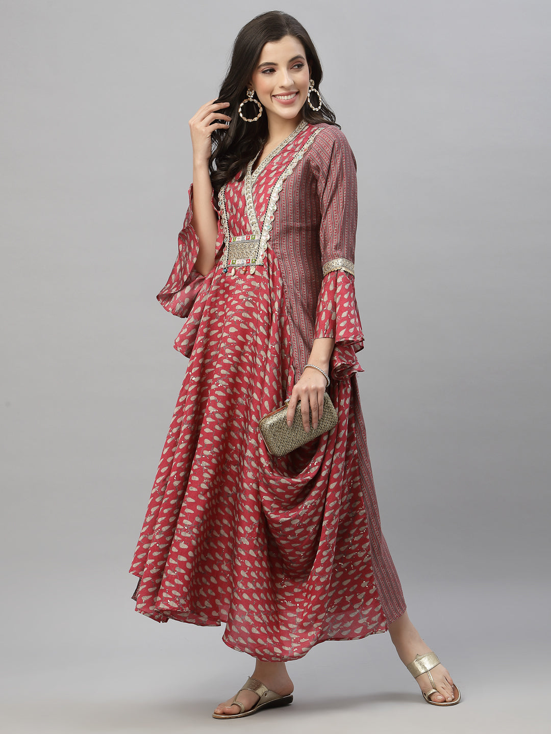 Juniper Women's Pink Silk Printed Flared Dress | Grocsy