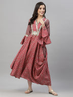 Juniper Women's Pink Silk Printed Flared Dress | Grocsy
