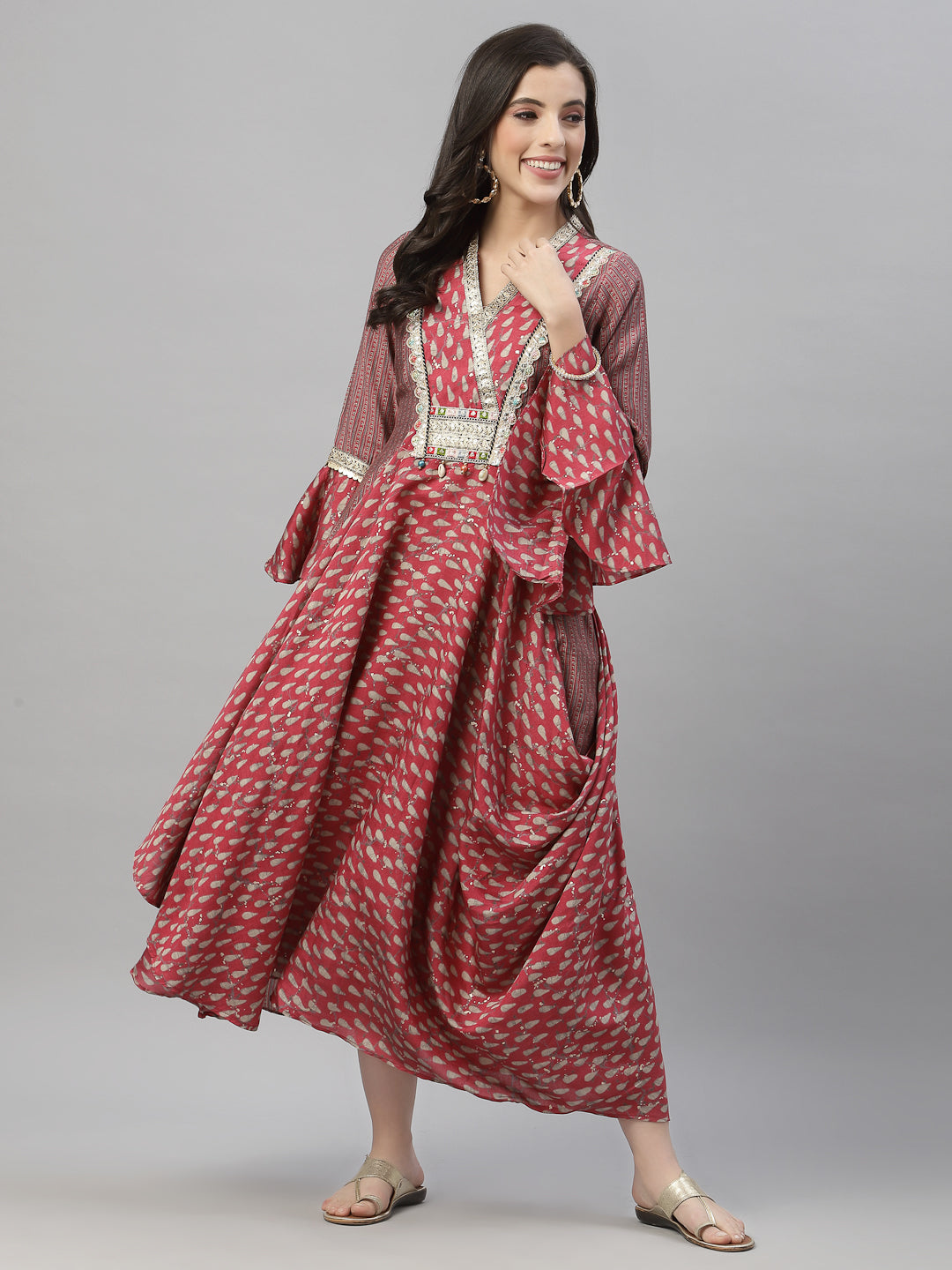 Juniper Women's Pink Silk Printed Flared Dress | Grocsy