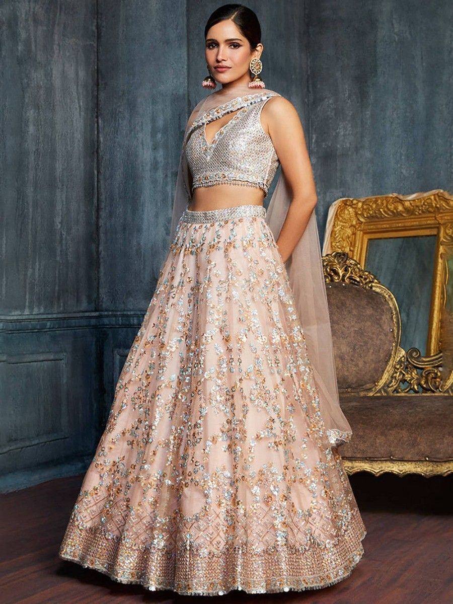 Tulsi Art Charming Peach Sequins Net Engagement Wear Lehenga Choli With Dupatta | Grocsy