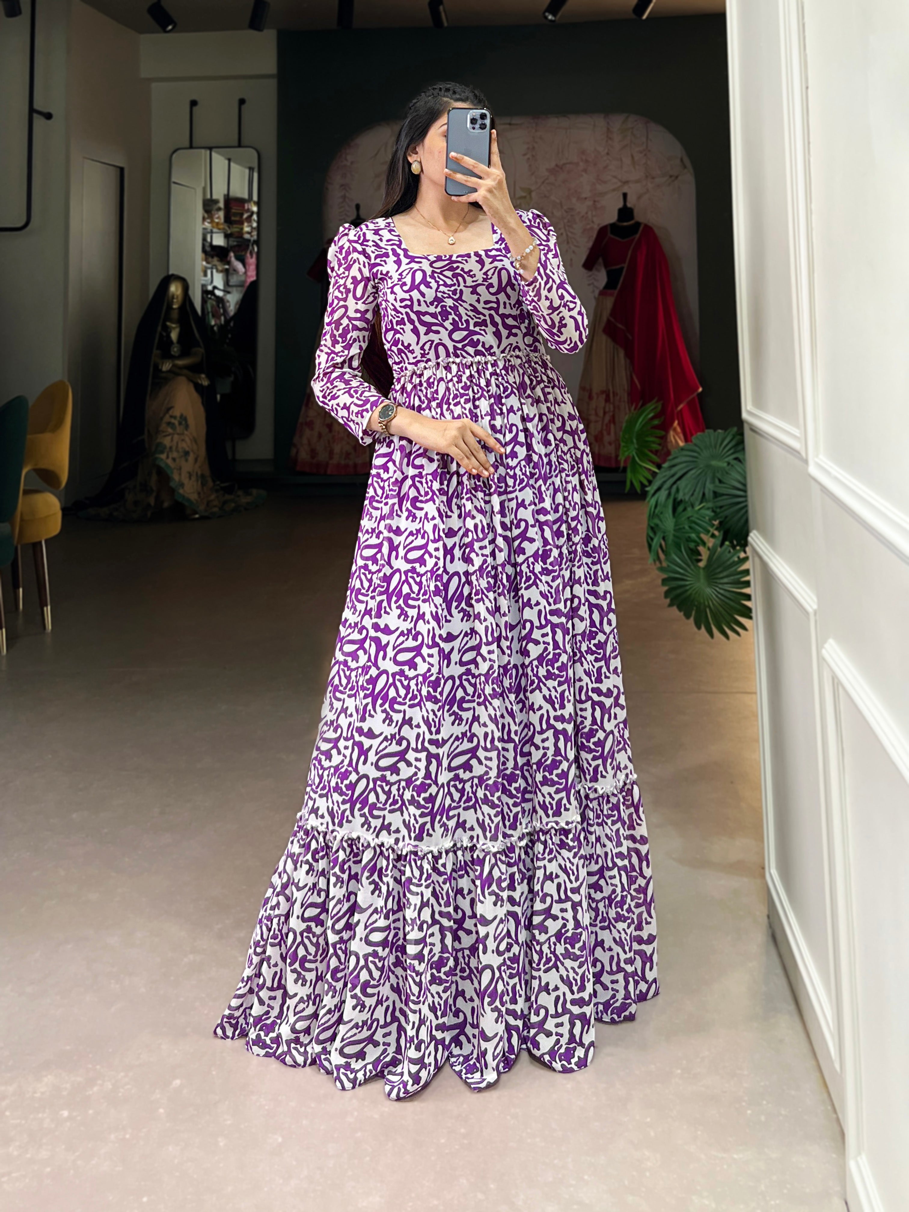 Lorenvalley Purple Georgette Printed Gown | Grocsy