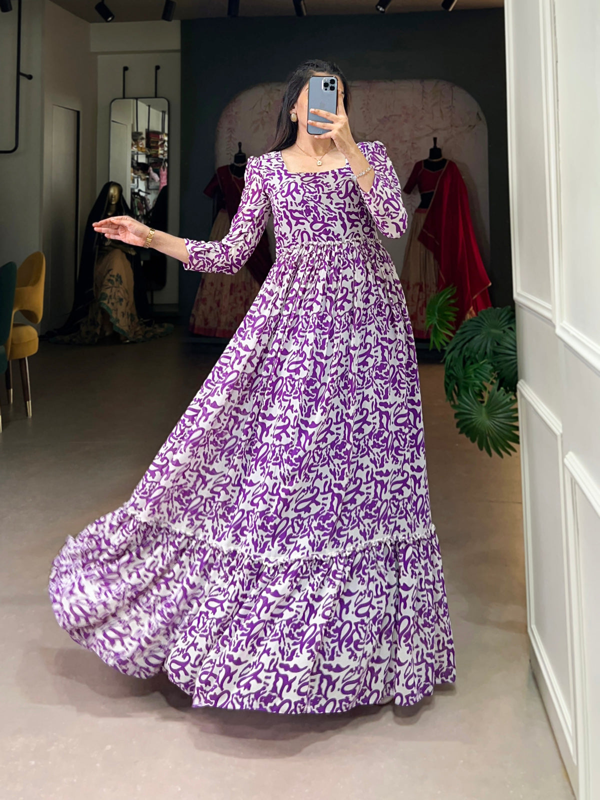 Lorenvalley Purple Georgette Printed Gown | Grocsy