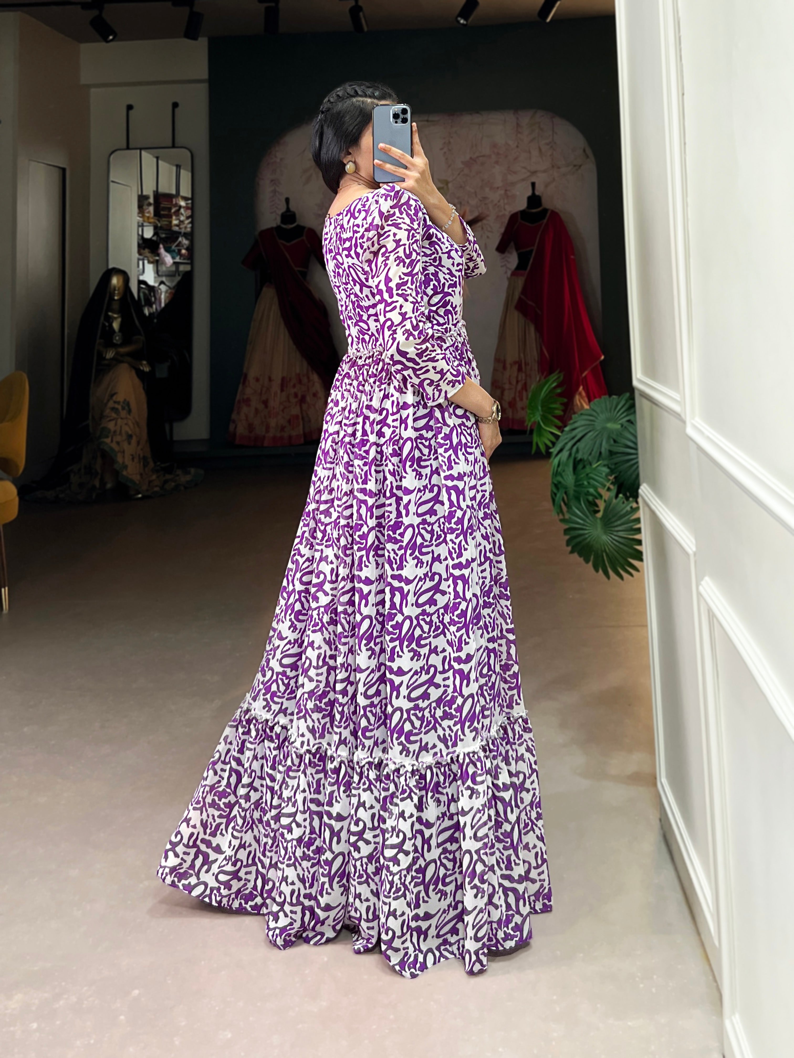 Lorenvalley Purple Georgette Printed Gown | Grocsy