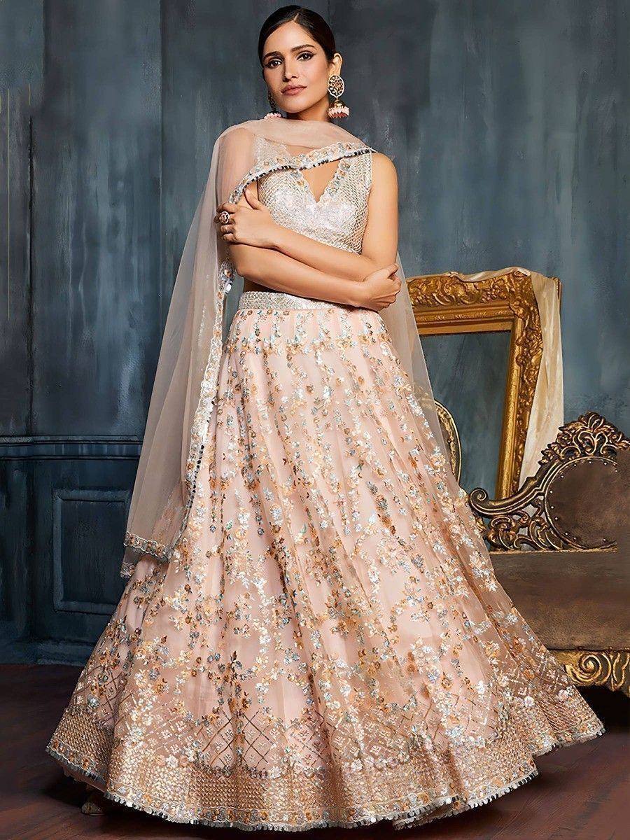 Tulsi Art Charming Peach Sequins Net Engagement Wear Lehenga Choli With Dupatta | Grocsy