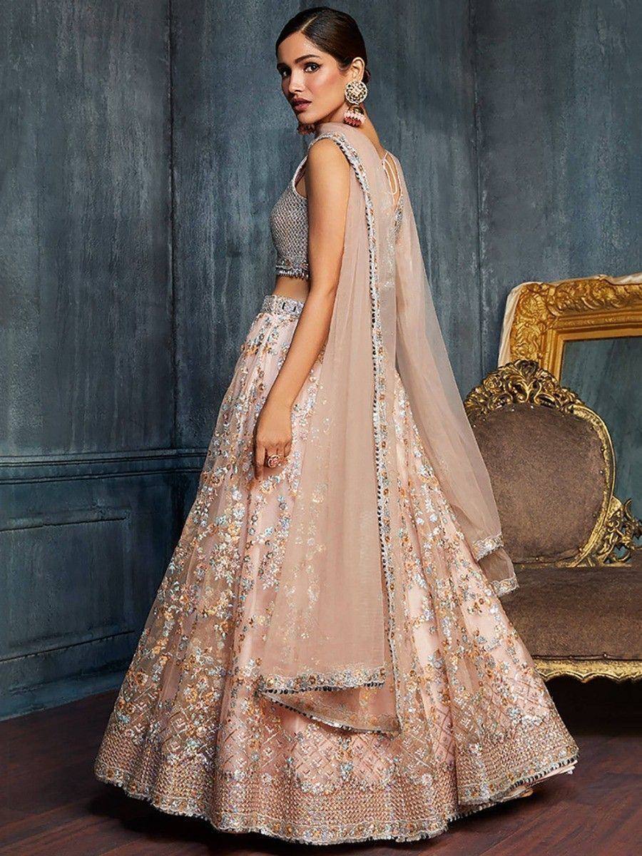 Tulsi Art Charming Peach Sequins Net Engagement Wear Lehenga Choli With Dupatta | Grocsy