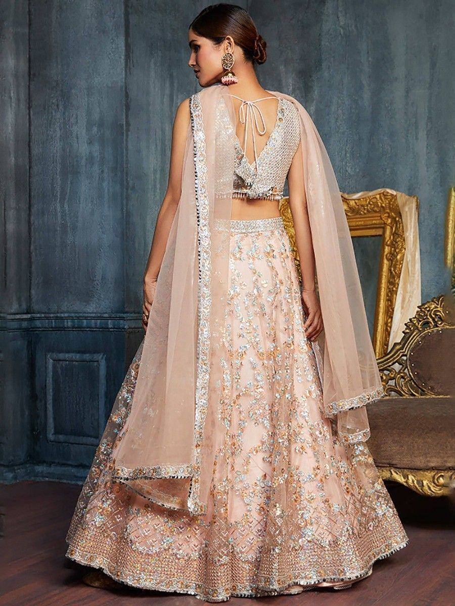 Tulsi Art Charming Peach Sequins Net Engagement Wear Lehenga Choli With Dupatta | Grocsy