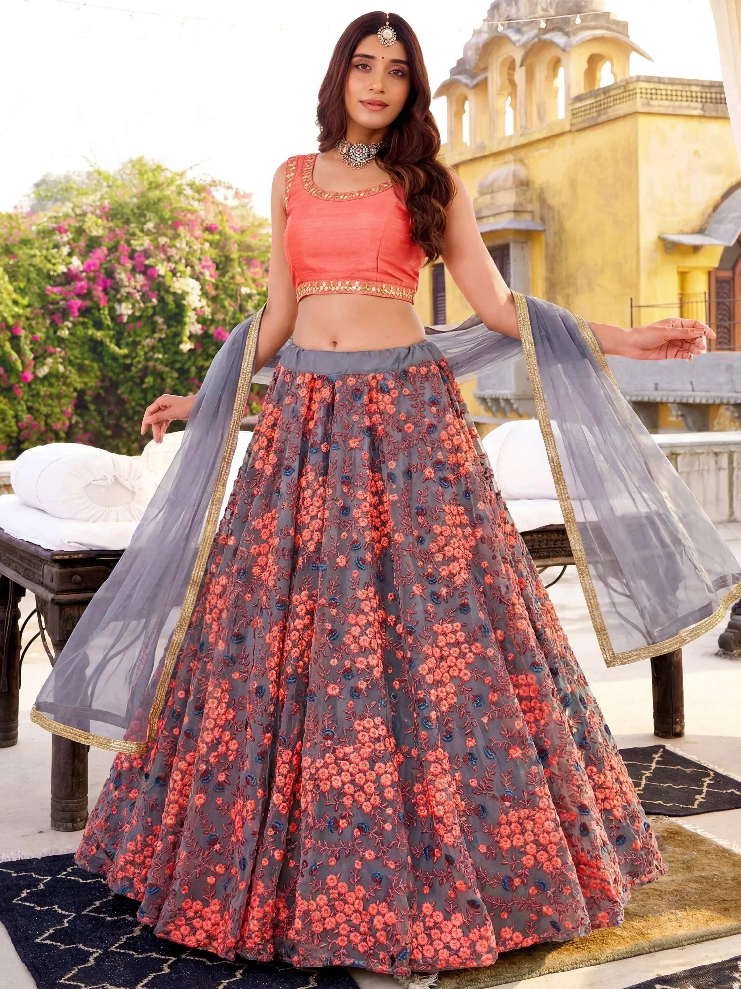 Tulsi Art Incredible Grey Embroidered Net Festival Wear Lehenga Choli | Grocsy