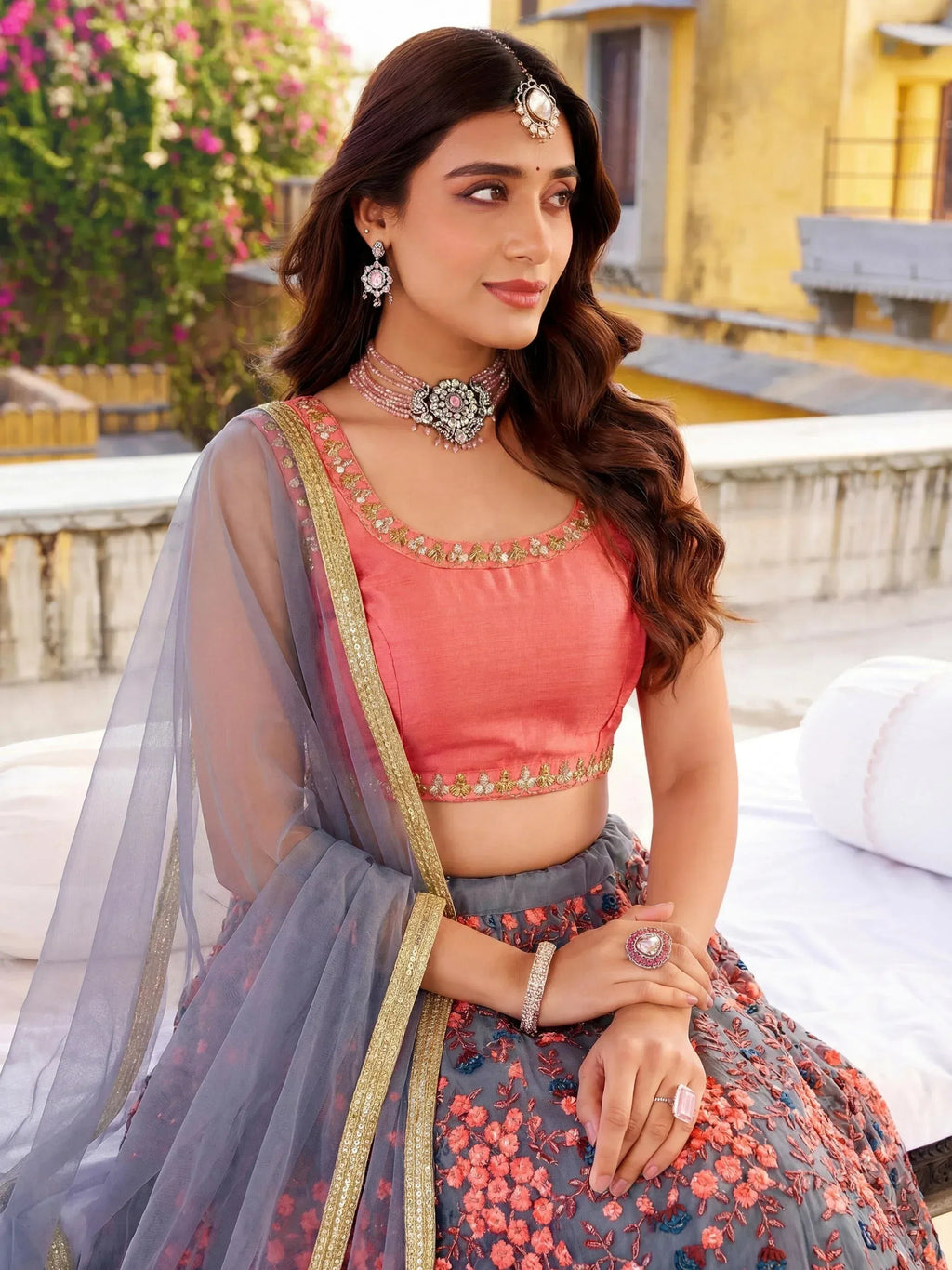 Tulsi Art Incredible Grey Embroidered Net Festival Wear Lehenga Choli | Grocsy