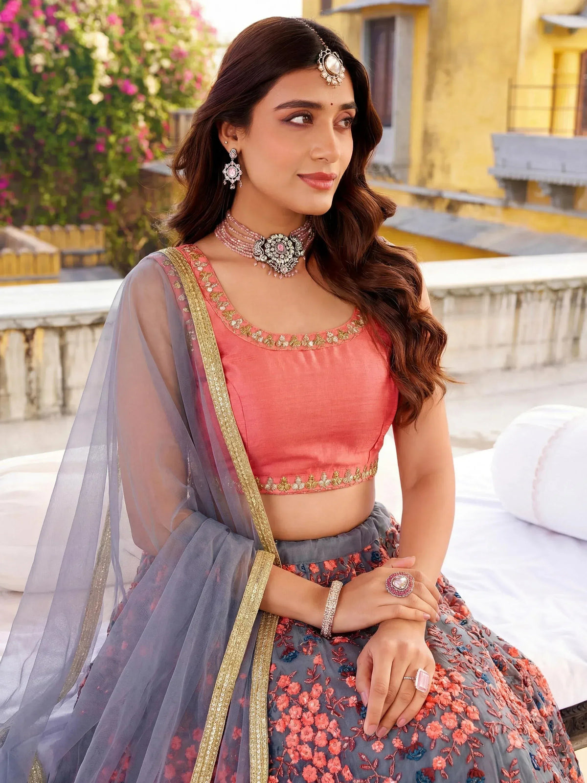 Tulsi Art Incredible Grey Embroidered Net Festival Wear Lehenga Choli | Grocsy