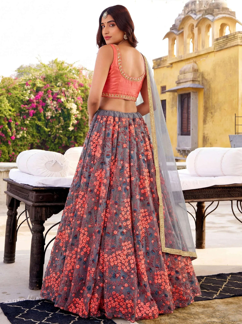 Tulsi Art Incredible Grey Embroidered Net Festival Wear Lehenga Choli | Grocsy