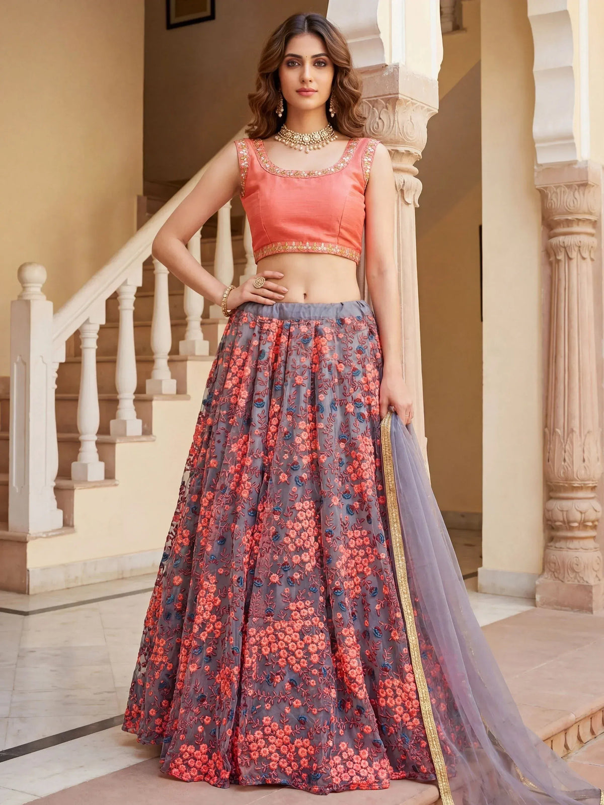 Tulsi Art Graceful Grey Embroidered Net Festive Wear Lehenga Choli | Grocsy