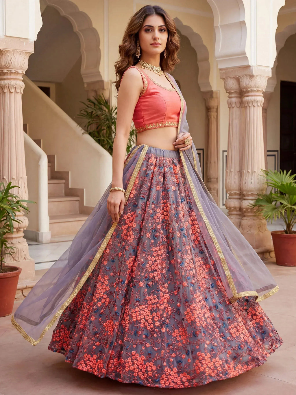 Tulsi Art Graceful Grey Embroidered Net Festive Wear Lehenga Choli | Grocsy