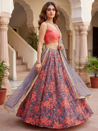 Tulsi Art Graceful Grey Embroidered Net Festive Wear Lehenga Choli | Grocsy