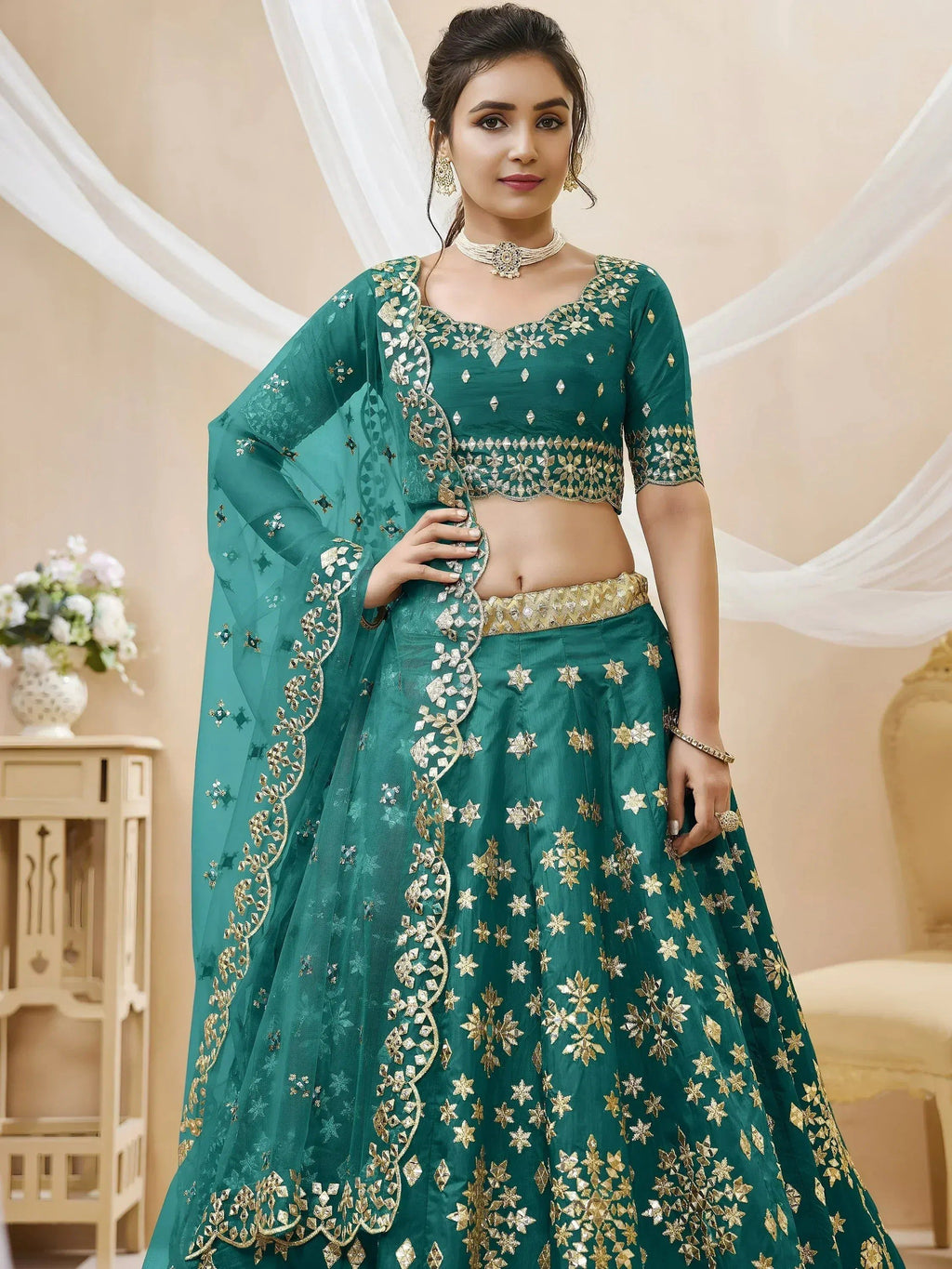 Tulsi Art Spectacular Teal Green Zari Work Art Silk Bridesmaid Lehenga Choli | Grocsy