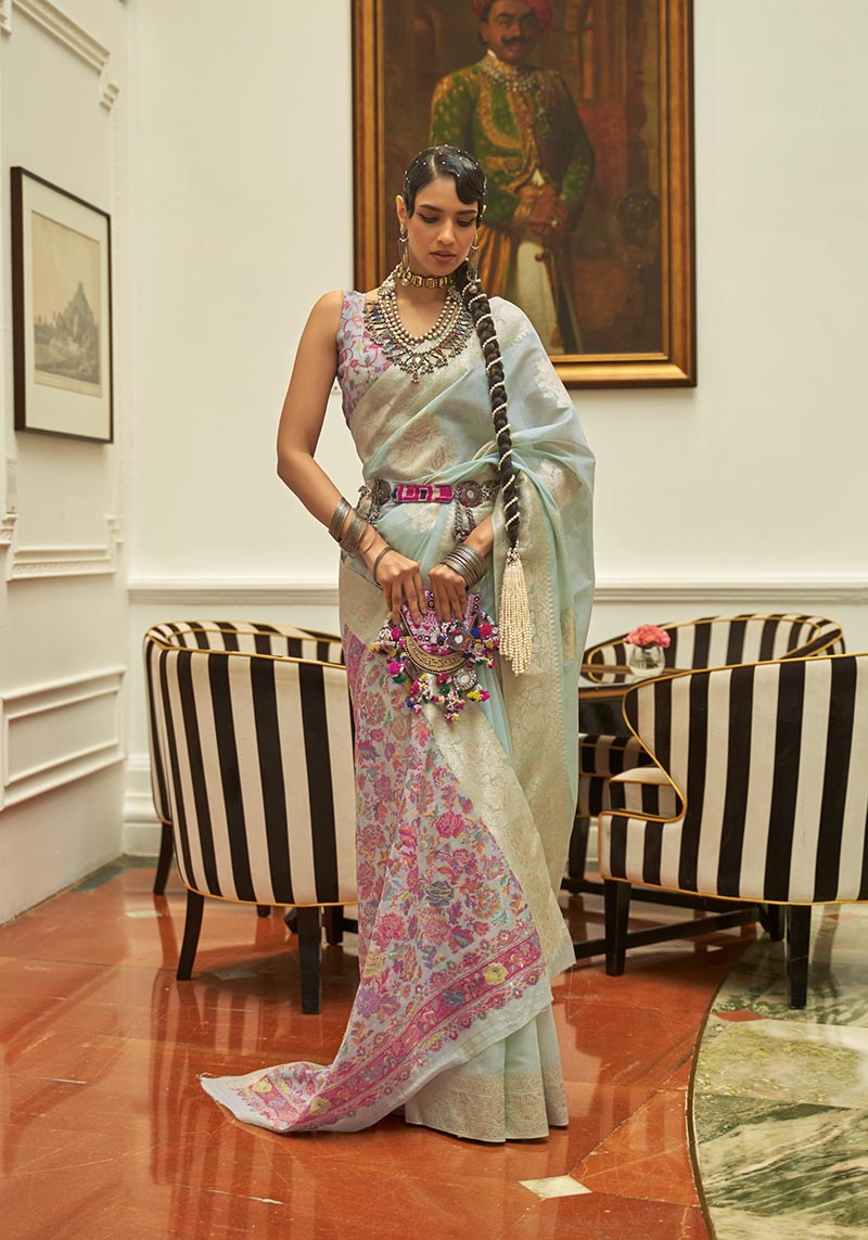 Monjolika Fashion Sky Blue Color Handloom Weaving Silk Work Saree With Blouse | Grocsy