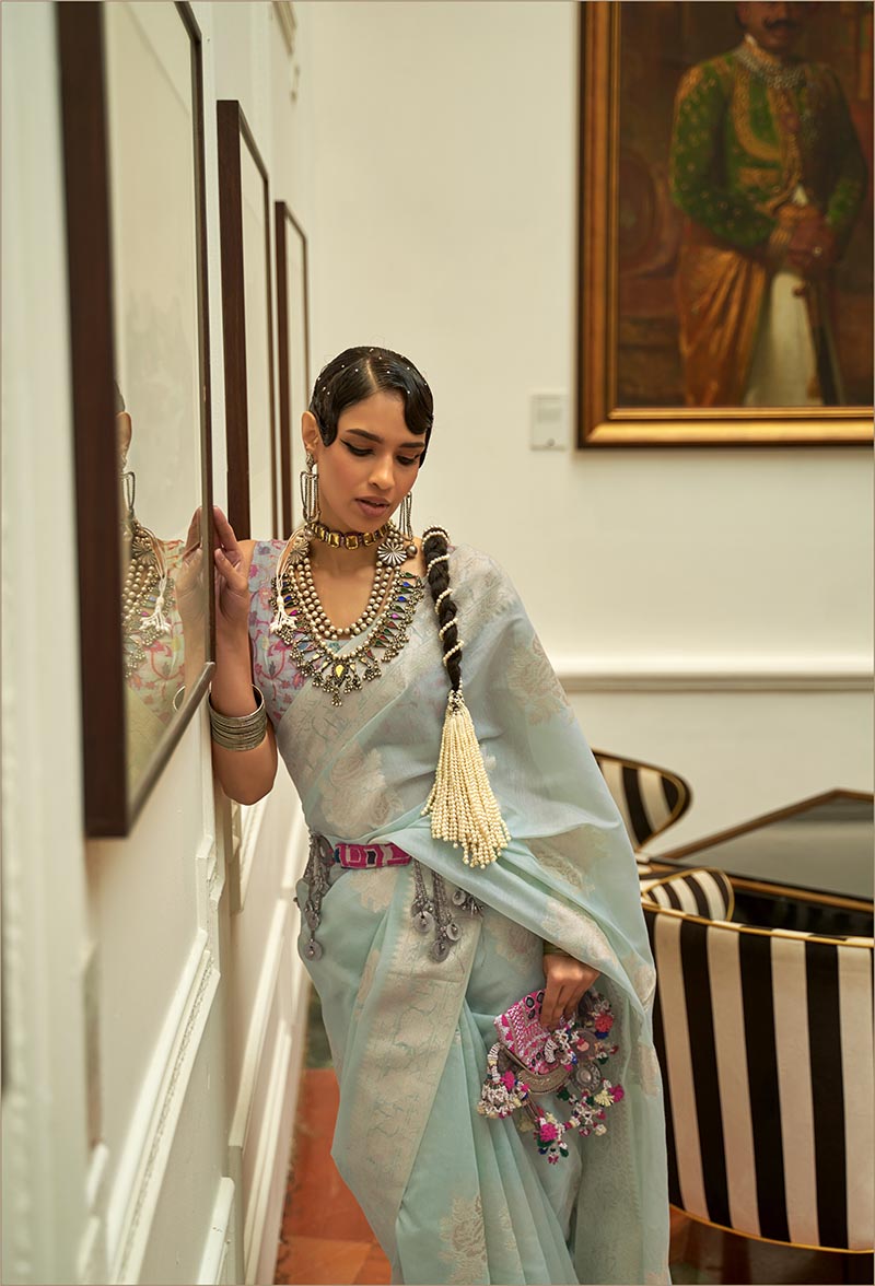 Monjolika Fashion Sky Blue Color Handloom Weaving Silk Work Saree With Blouse | Grocsy