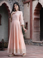 Juniper Women Peach Cotton Solid Flared Dress | Grocsy