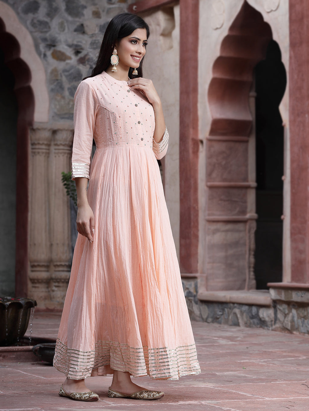Juniper Women Peach Cotton Solid Flared Dress | Grocsy