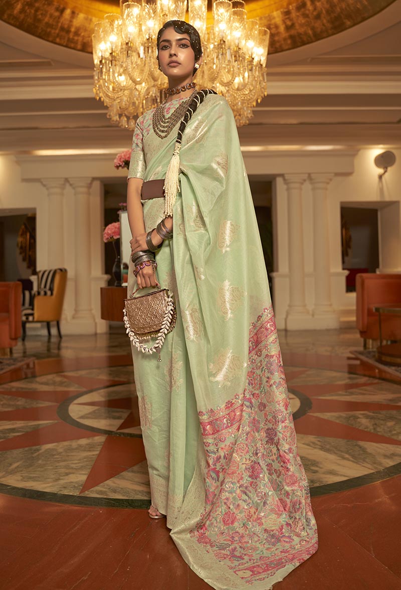 Monjolika Fashion Light Green Color Handloom Weaving Silk Work Saree With Blouse | Grocsy