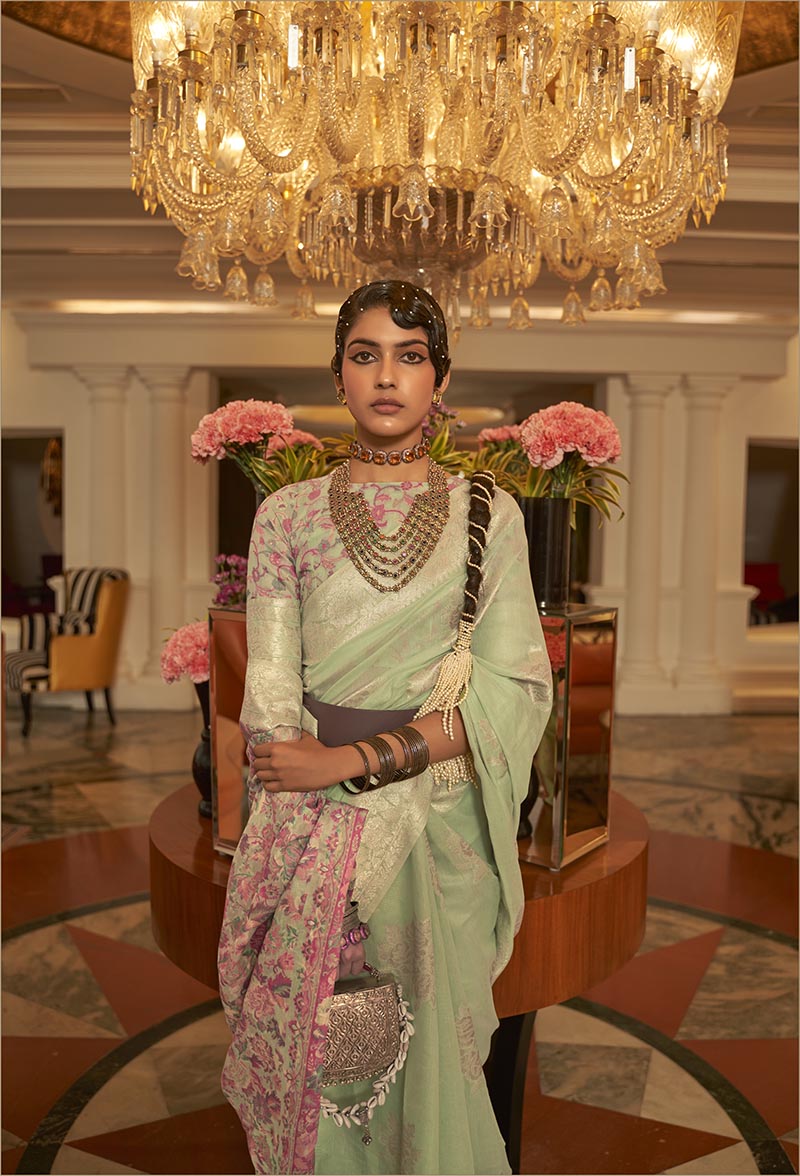 Monjolika Fashion Light Green Color Handloom Weaving Silk Work Saree With Blouse | Grocsy