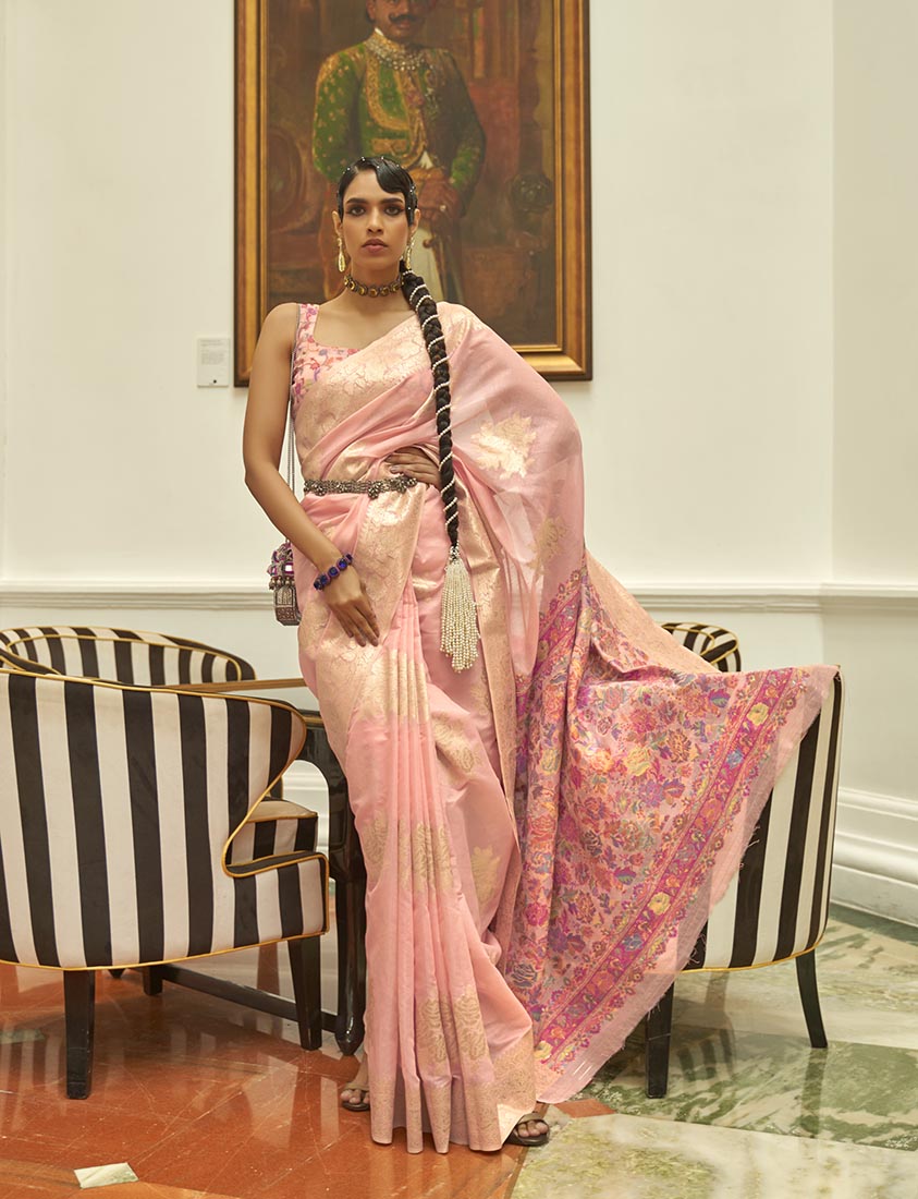 Monjolika Fashion Light Pink Color Handloom Weaving Silk Work Saree With Blouse | Grocsy