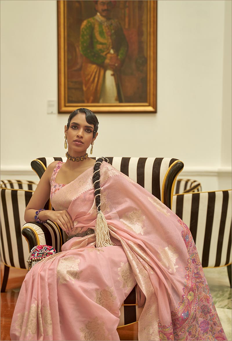 Monjolika Fashion Light Pink Color Handloom Weaving Silk Work Saree With Blouse | Grocsy