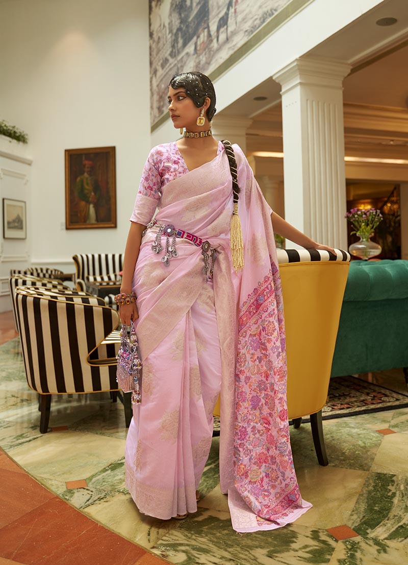 Monjolika Fashion Light Pink Color Handloom Weaving Silk Work Saree With Blouse | Grocsy